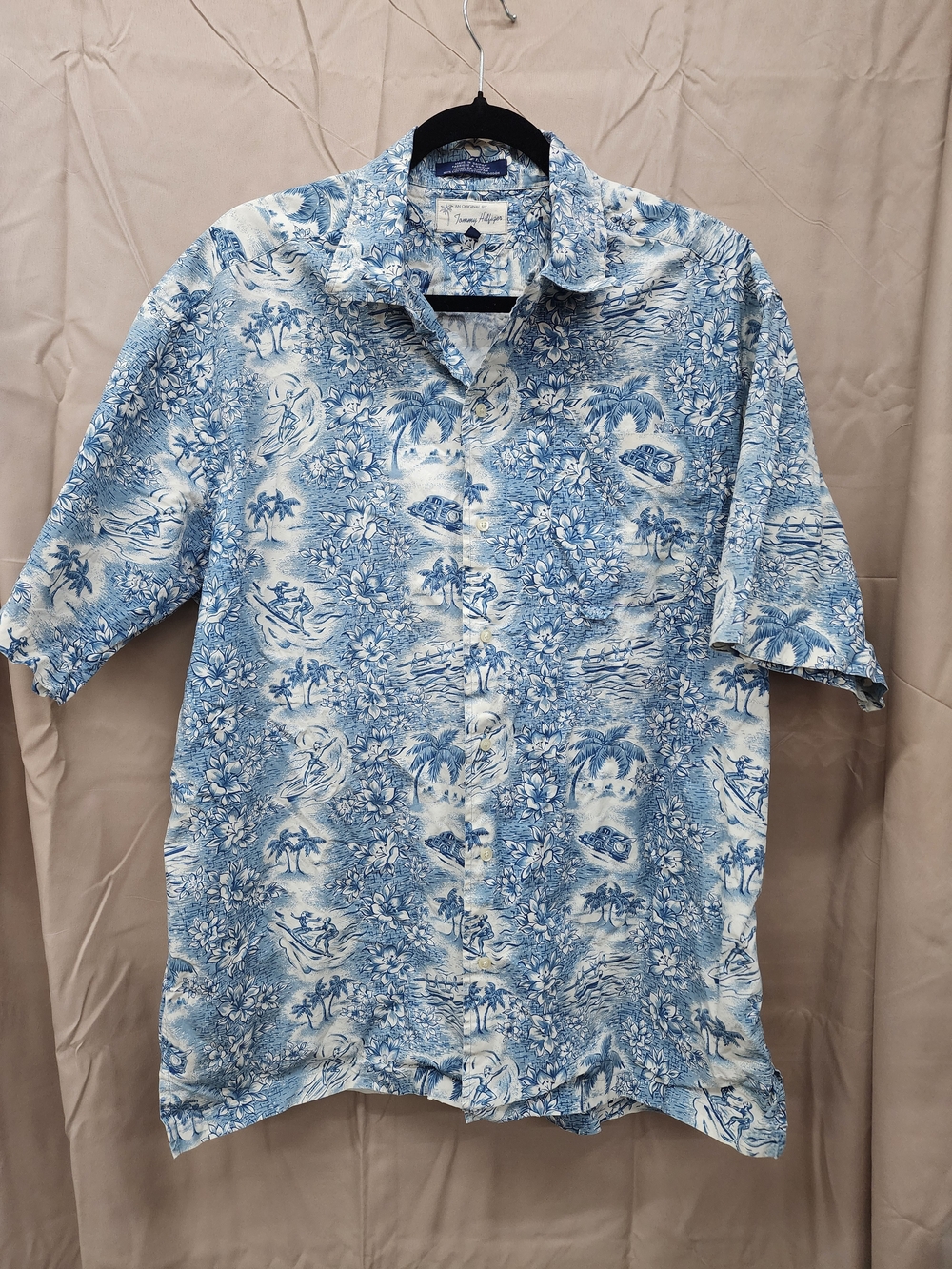 Tommy Hilfiger Light Blue Tropical Print Short-Sleeve Button-Down Shirt Mens L